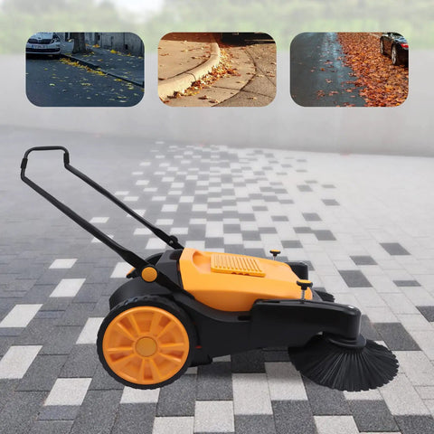 UILMLIO Manual Floor Sweeper With Foldable Handle, Motorless Design Saves Cash On Utility Bills. Includes Huge 12 Gallon Waste Container And Sags For Indoor Outdoor Use Like A Charm. Effortless Operation Gets The Job Done Fast Without Any Noise Or Hassle