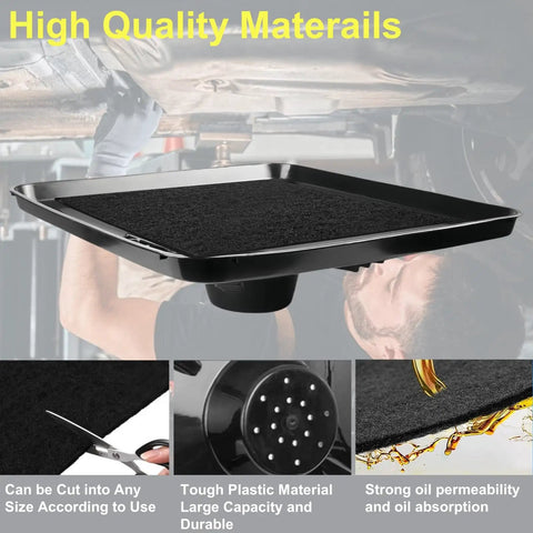 Two Pack Transmission Drain Pan Set With 22 Inch Square Oil Catch Pan And Six No Splash Drain Pads For Cars Heavy Duty Fluid Catcher showing black pan and pads in use