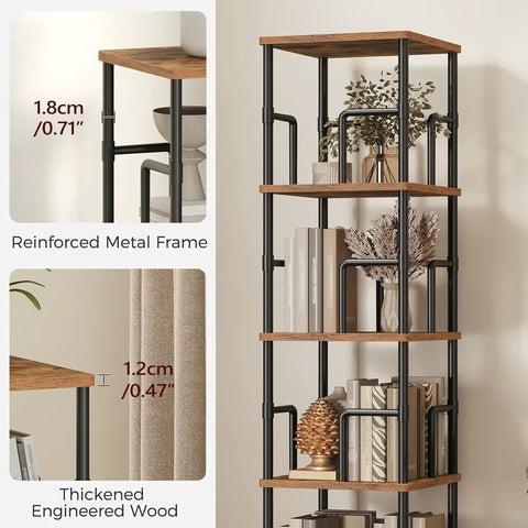 Solid Five Tier Freestanding Swivel Corner Bookshelf With Slick 360 Spin, showcasing thickened engineered wood and reinforced metal frame.