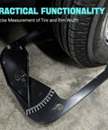 No Sweat Rim Width Caliper Tool For Cars Quick Fitment Gauge measuring tire width next to vehicle tire on concrete floor