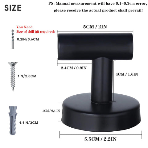 Four Pack Black Stainless Steel Towel Hooks Wall Mounted Heavy Duty Coat Robe Hanger with size details and installation parts