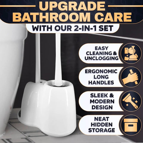 Premium Heavy Duty Toilet Plunger And Brush Set With Sleek Storage Stand Two In One Bathroom Cleaning Combo displayed in modern design.