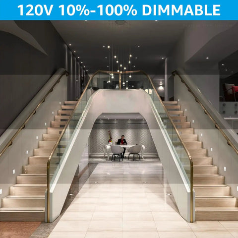 Indoor staircase with 3CCT Dimmable LED Stair Lights for Indoor Outdoor Use 120-277V illuminating steps at 120V dimming