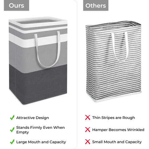 Comparison of 75L Large Waterproof Laundry Basket For Dorms Sturdy Freestanding Frame with a striped laundry basket, showing durability differences.