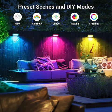 Dope Outdoor RGBW 40W LED Flood Light with Smart Color Changing illuminating garden with blue, pink, and yellow hues