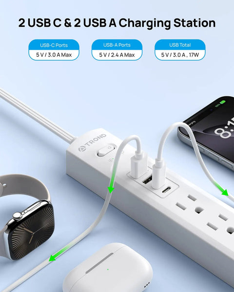 Power Strip Surge Protector With Five Widely Spaced Outlets Three USB Ports Including USB C Six Foot Flat Plug 1440 Joules Surge Protection 1250 Watts At 125 Volts Wall Mountable For Home Office White in use with devices