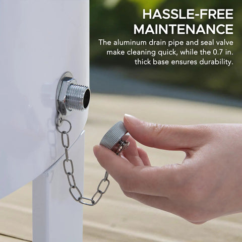 Close-up of drain pipe and seal valve on 60 Quart Rolling Ice Chest Cooler Cart For Patio And Party, White