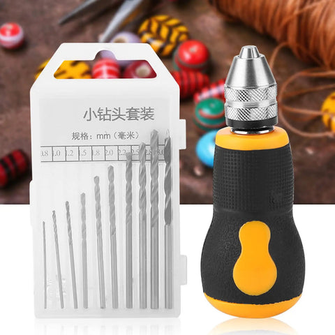 Handy Drill Set With Ten Piece Bit Kit Portable Micro Drill Tool Nonslip Handle For Art And Craft Projects Precision Pin Vise Woodworking Hobby DIY For Tiny Details, 10 bits in case