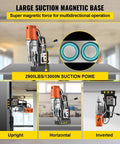 MD50 50mm Magnetic Drill Press Kit With Powerful 1680W Motor showing magnetic base with 2900lb suction in upright, horizontal, inverted positions.