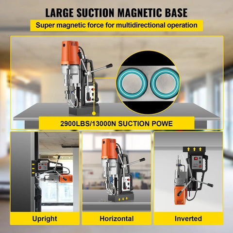 MD50 50mm Magnetic Drill Press Kit With Powerful 1680W Motor showing magnetic base with 2900lb suction in upright, horizontal, inverted positions.