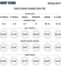 Size chart for Girls Swim Rash Guard Shirt With UPF 50 Plus Short Sleeve Sun Tee Fiery Coral Perfect For Beach And Pool Play.