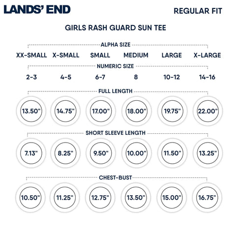 Size chart for Girls Swim Rash Guard Shirt With UPF 50 Plus Short Sleeve Sun Tee Fiery Coral Perfect For Beach And Pool Play.