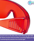 Heavy Duty Dental Laser Safety Glasses With Crisp Orange Lenses And Reliable Anti Fog Coating Tough Polycarbonate Shield 168 Piece Bulk Pack side view with louvered vents for airflow.