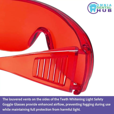 Heavy Duty Dental Laser Safety Glasses With Crisp Orange Lenses And Reliable Anti Fog Coating Tough Polycarbonate Shield 168 Piece Bulk Pack side view with louvered vents for airflow.