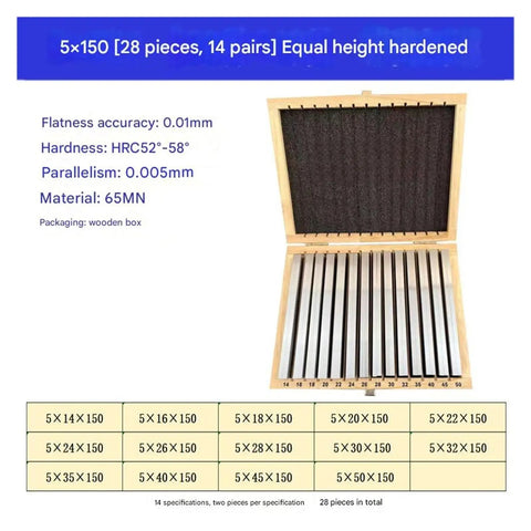 Precision Alloy Steel Parallel Blocks For CNC Milling And Table Saw Routing And Top Shelf Machining Gauges in wooden box with specifications.