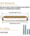 Six Pack Antique Brass Cabinet Pulls Set With 6-1/4 Inch Hole Center And 6.7 Inch Length Zinc Alloy Drawer Handles Includes Two M4 Screws 1 Inch And 1.5 Inch for Kitchen Cabinets and Drawers.
