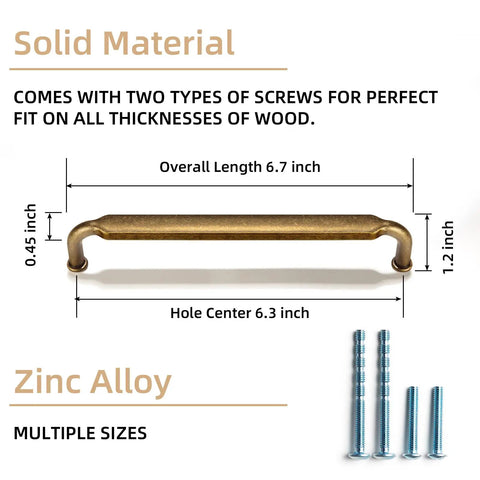 Six Pack Antique Brass Cabinet Pulls Set With 6-1/4 Inch Hole Center And 6.7 Inch Length Zinc Alloy Drawer Handles Includes Two M4 Screws 1 Inch And 1.5 Inch for Kitchen Cabinets and Drawers.