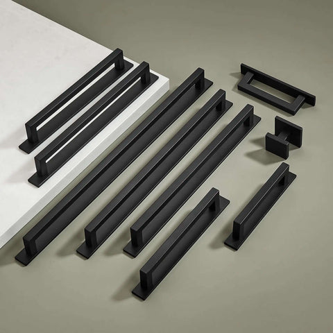 Heavy Duty Square Cabinet Pulls With Knockout Matte Black Finish 10 Pack arranged in various sizes on a surface.