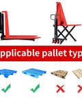 Heavy Duty Semi Electric Pallet Jack With Scissor Lift And 3300 Lbs Capacity For Easy Warehouse Moves Plus Charger Included displaying applicable pallet types.