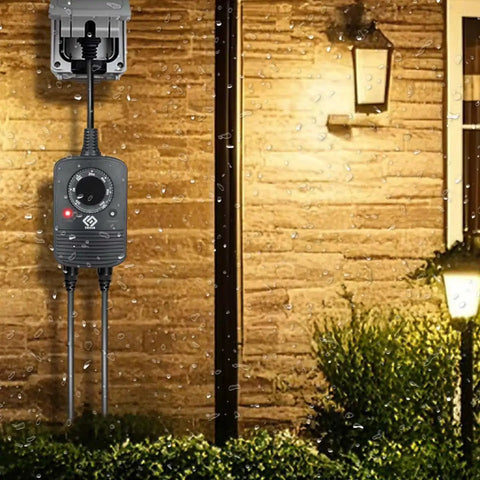 Rock Solid Outdoor Light Timer Featuring Built In Photocell Dusk To Dawn Sensor on wet wall with greenery.