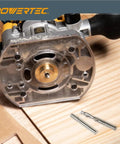 Knockout Router Inlay Kit Featuring Solid Brass Bushing Guide And Precision Centering Pin With Tungsten Carbide 1/4 Inch Upcut Downcut Spiral Bits for smooth template tracking, tools on wooden surface.