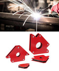 Six Piece Welding Magnet Set With Fixed Angles And Right Angle Positioners, shown during welding and as red angle magnets