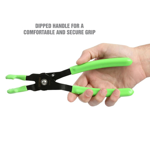 Hand holding adjustable spark plug boot pliers with five positions for easy access to hard to reach boots, green dipped handles