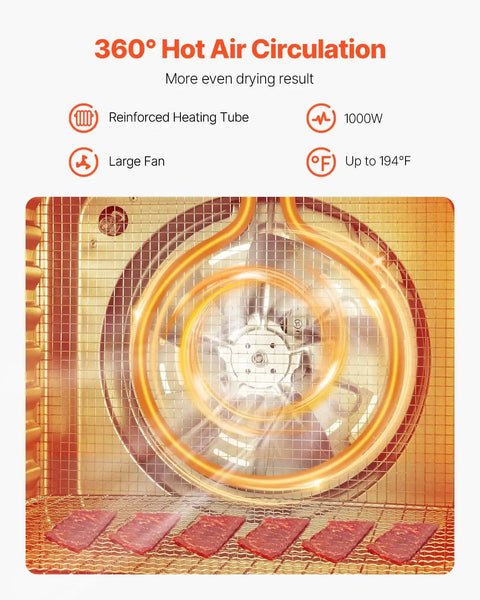 360° hot air circulation of the Straight Up Top Shelf Electric Food Dehydrator With 10 Stainless Steel Trays.