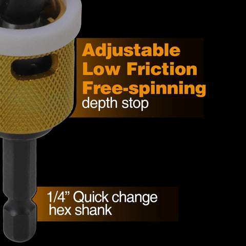 Carbide Tipped Countersink Drill Bit Set, 5 Pack With Low Friction Depth Stop and Quick Change One Quarter Inch Hex Shank