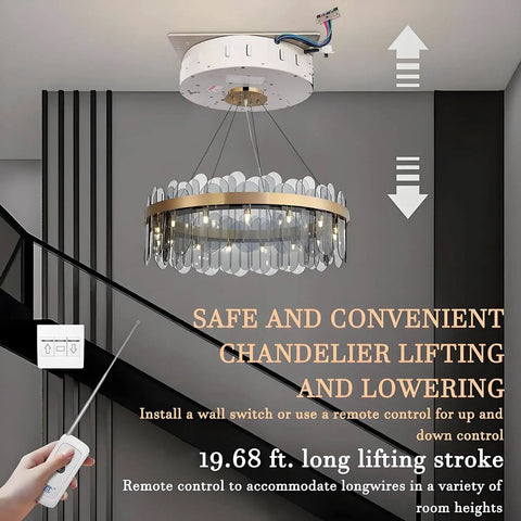 Heavy Duty Electric Chain Hoist With 330 Lb Capacity Built Different Ceiling Mount Rig featuring chandelier and remote control.