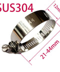 Close-up of SUS304 stainless steel clamp, labeled 12mm by 21-44mm, for use with 35mm 1-3/8 Inch Black High Temperature 4-Ply Reinforced Silicone Hose Cap