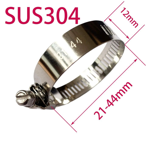 Close-up of SUS304 stainless steel clamp, labeled 12mm by 21-44mm, for use with 35mm 1-3/8 Inch Black High Temperature 4-Ply Reinforced Silicone Hose Cap