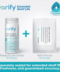 7 In 1 Pool And Spa Test Strips Kit For Easy Water Testing With No Fuss Seven Must Haves Like Chlorine, Bromine, PH, Alkalinity, Hardness, And Cyanuric Acid, 100 Strips For Pools, Spas, Hot Tubs And More ready-to-use bottle and refill pouch with FreshSeal logo