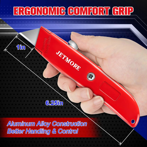 In-hand front view of red JETMORE retractable box cutter; aluminum alloy body, blade extended.