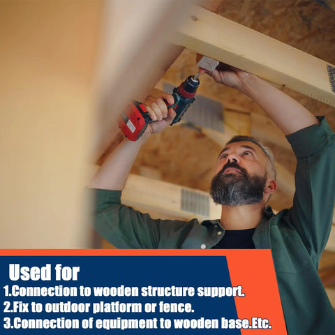 Man using drill to install 60 Pack Three Eighth Inch By Four Inch Lag Screws With Washers Hot Dip Galvanized Heavy Duty Wood Decks And Fences Kit For Outdoor Projects With Guide Holes For Easy Installation.