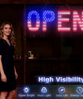 Large 30 By 10 Inch LED Open Sign With Remote, 12 Scene Modes, Ultra Bright Blue White Red US Flag Style in a window display