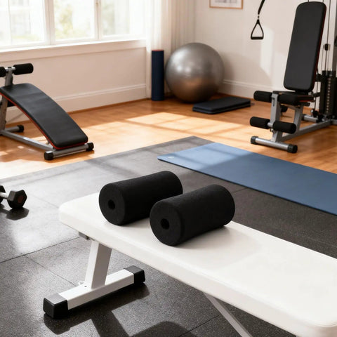 Gym Grade High-Density Foam Foot Pads For Weight Leg Extensions, 7 Inch Roller Pads With Black Tube Sponge Covers on bench in gym.