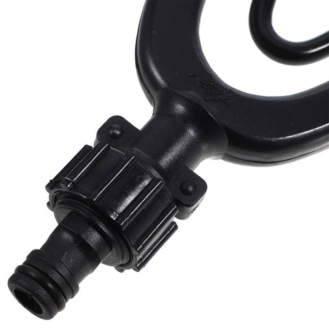 Close-up of Dual Tube Outboard Engine Flusher for Boats and Yachts, Dockside Pro Grade Marine Motor Cleaner connector, black material