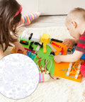 Children playing with educational toy; inset shows 200Pcs 0.5 Module Plastic Gear Set for Small Motors includes worm, crown, spindle gears