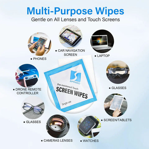 Image showing a pack of "Streak Free Crystal Clear Electronic Wipes For Screens Pre Moistened Screen Cleaner Wipes For Phone Laptop Monitor Car Screen And Glasses Non Scratch Formula 240 Count No Fuss" with electronic devices they can clean.