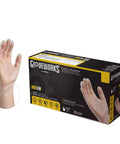 Heavy Duty Clear Vinyl Work Gloves Three Mil Thick Box Of One Hundred Xlarge Latex Free And Powder Free showing gloved hand and product box