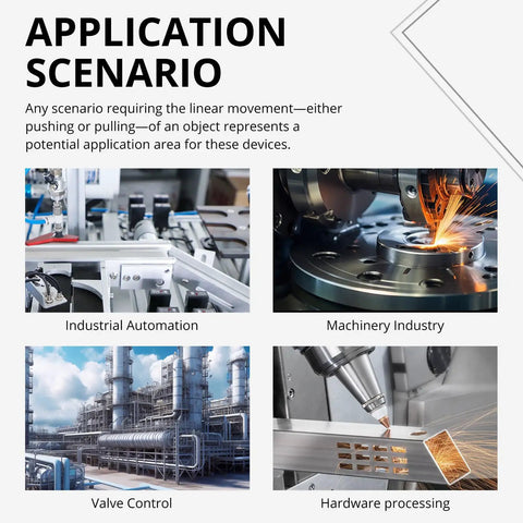 Application scenarios for 12V DC Push-Pull Solenoid Actuator, including industrial automation, machinery, valve control, and hardware processing.