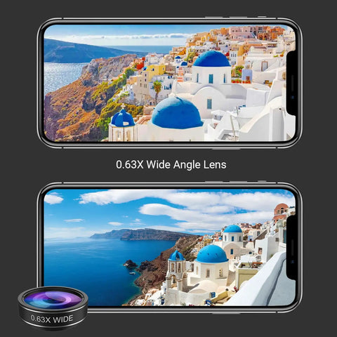 Image showing the 5 In 1 Phone Camera Lens Kit With 0.63x Wide Angle capturing a scenic seaside village on a smartphone screen.