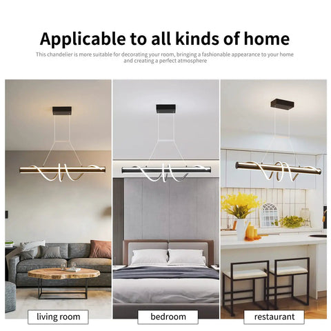 Modern Black Wave Linear Pendant Light With Remote Dimmable 55W LED Chandelier displayed in living room, bedroom, and kitchen settings.