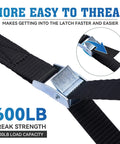 Close-up of 1 Inch By 10 Foot Adjustable Cam Buckle Tie Down Straps Set showcasing metal buckle and black strap, 600lb break strength.