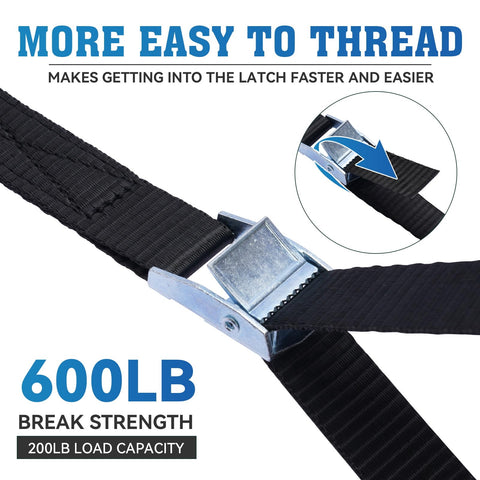 Close-up of 1 Inch By 10 Foot Adjustable Cam Buckle Tie Down Straps Set showcasing metal buckle and black strap, 600lb break strength.