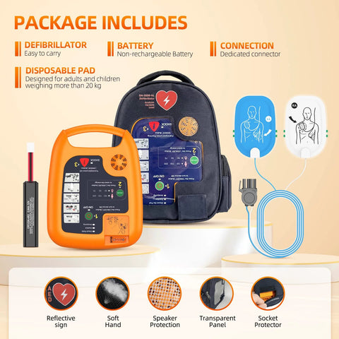 Orange AED defibrillator with battery and pad cables, beside a navy backpack and two pad illustrations