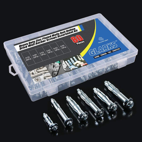 Heavy Duty Zinc Plated Steel Molly Bolt Wall Anchors Assortment Kit 80Pcs In 6 Sizes For Drywall Plaster And Tile with storage box