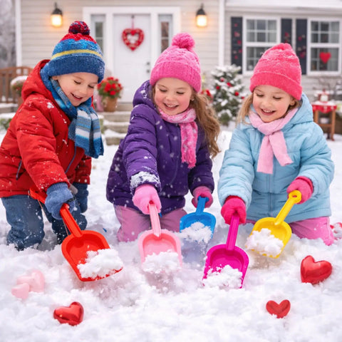 Kids playing in snow with 24 Pack Beach Shovels For Kids And Adults Heavy Duty Plastic Sand Toys Set, colorful winter fun.