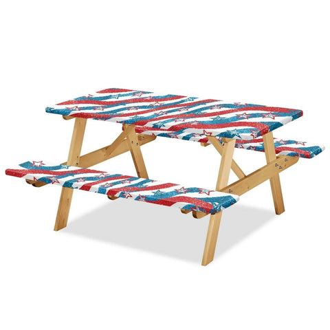 US 250 Years Picnic Table Cover with Bench Covers on wooden table, waterproof fabric, fitted and elastic edges for rectangle tables